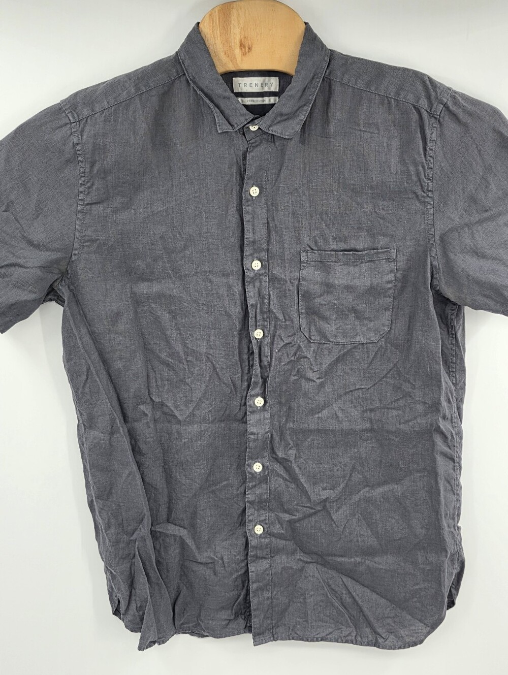 Trenery French Linen Short Sleeve Button Down Gray Pocket Shirt Men's Large L